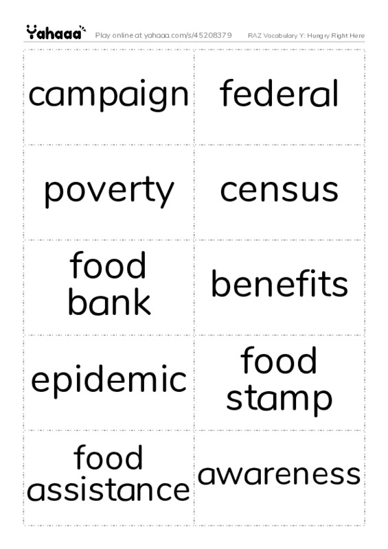 RAZ Vocabulary Y: Hungry Right Here PDF two columns flashcards