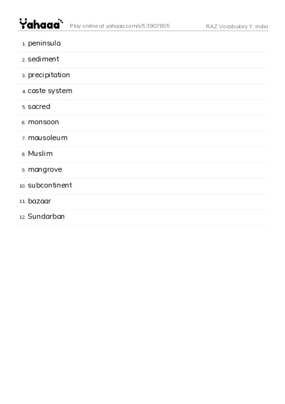 RAZ Vocabulary Y: India PDF words glossary