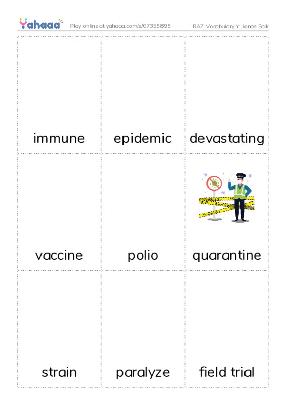RAZ Vocabulary Y: Jonas Salk PDF flaschards with images