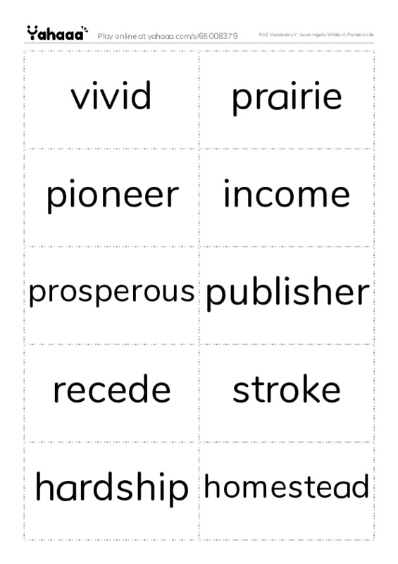 RAZ Vocabulary Y: Laura Ingalls Wilder A Pioneers Life PDF two columns flashcards