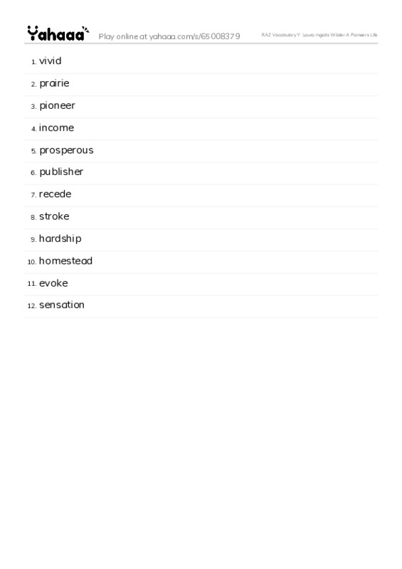 RAZ Vocabulary Y: Laura Ingalls Wilder A Pioneers Life PDF words glossary