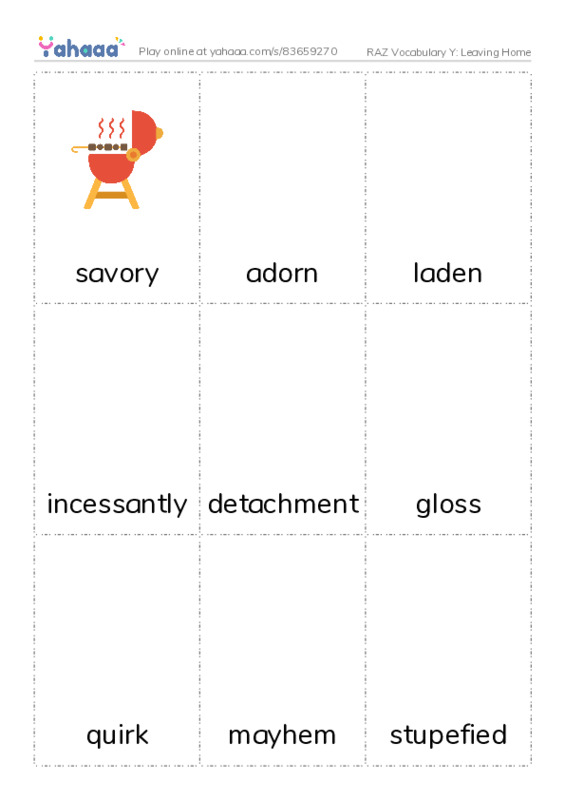 RAZ Vocabulary Y: Leaving Home PDF flaschards with images