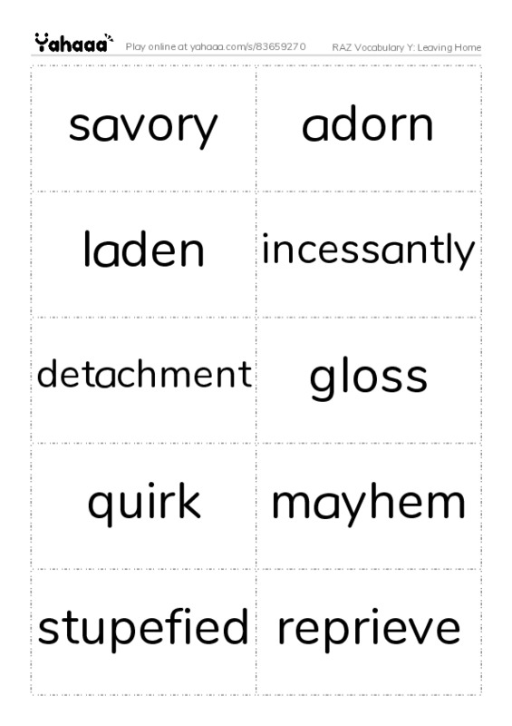 RAZ Vocabulary Y: Leaving Home PDF two columns flashcards
