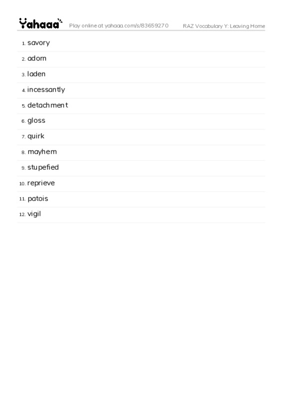 RAZ Vocabulary Y: Leaving Home PDF words glossary