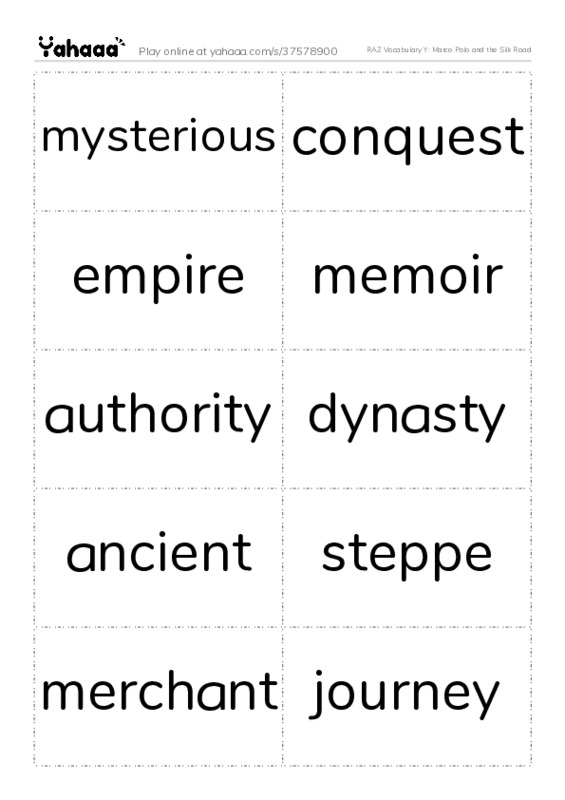 RAZ Vocabulary Y: Marco Polo and the Silk Road PDF two columns flashcards