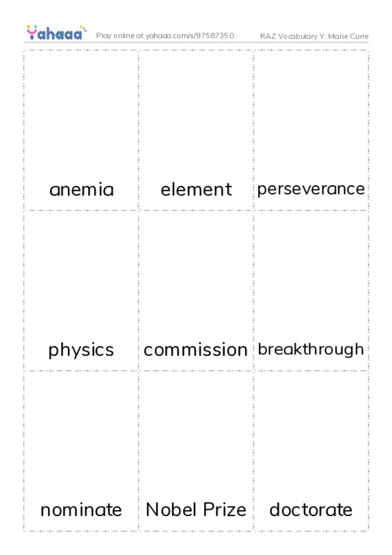 RAZ Vocabulary Y: Marie Curie PDF flaschards with images