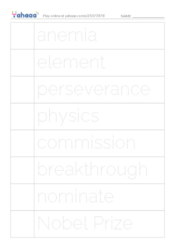 RAZ Vocabulary Y: Marie Curie PDF one column image words