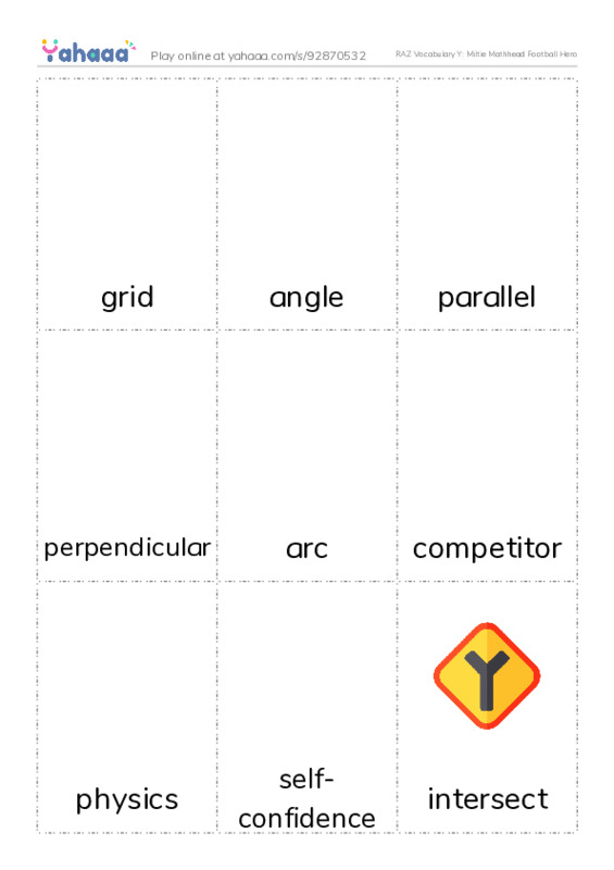 RAZ Vocabulary Y: Miltie Mathhead Football Hero PDF flaschards with images