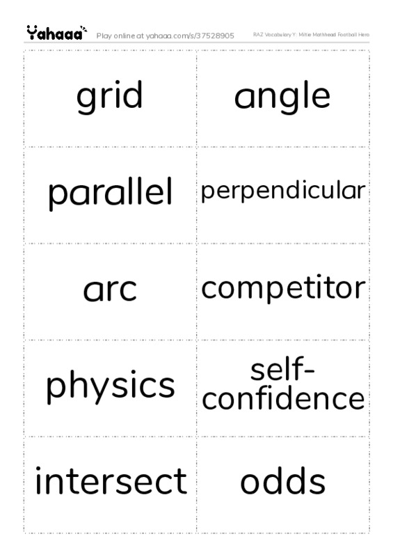 RAZ Vocabulary Y: Miltie Mathhead Football Hero PDF two columns flashcards