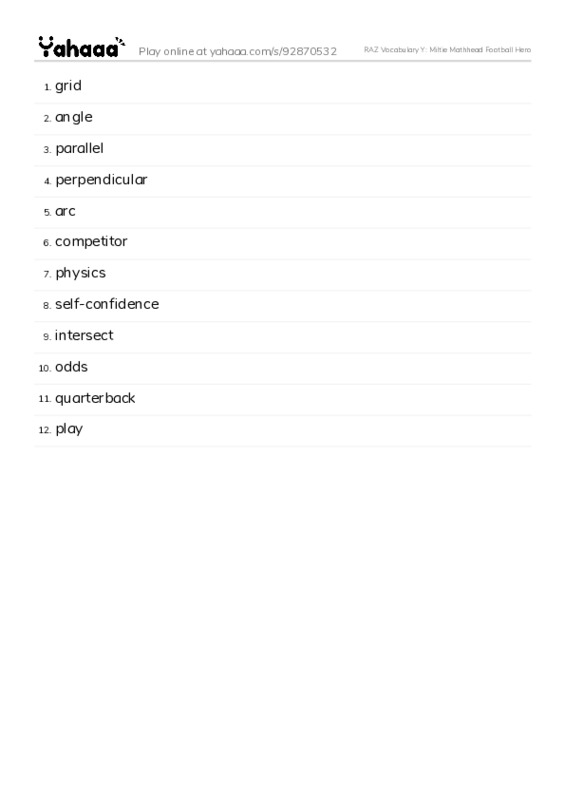 RAZ Vocabulary Y: Miltie Mathhead Football Hero PDF words glossary