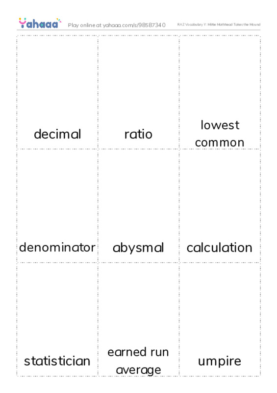 RAZ Vocabulary Y: Miltie Mathhead Takes the Mound PDF flaschards with images
