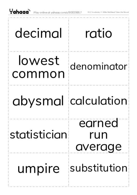 RAZ Vocabulary Y: Miltie Mathhead Takes the Mound PDF two columns flashcards