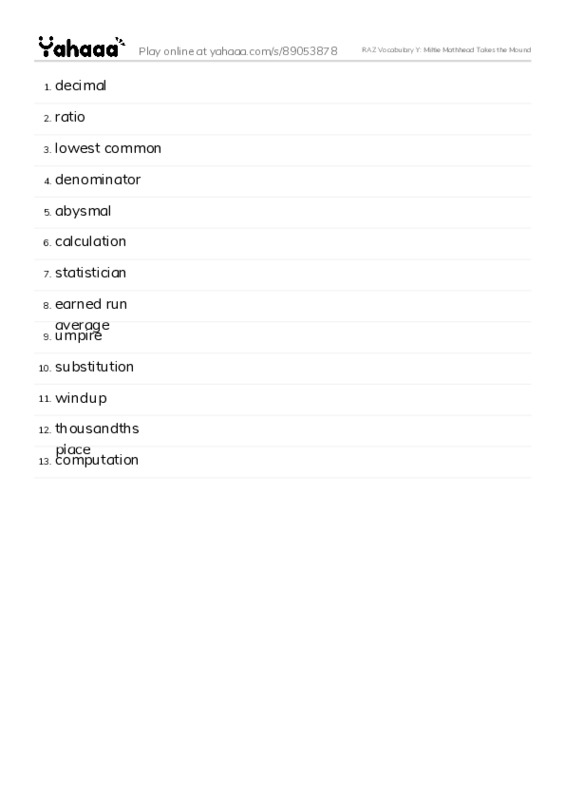 RAZ Vocabulary Y: Miltie Mathhead Takes the Mound PDF words glossary