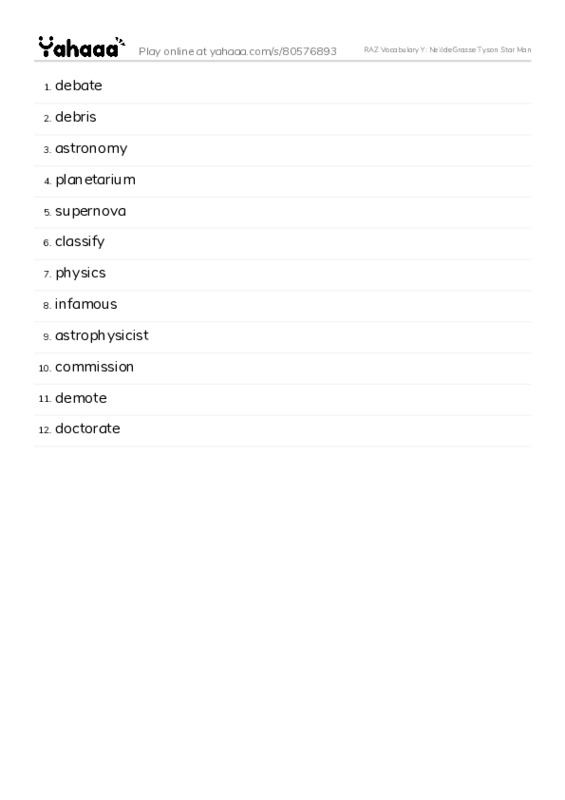 RAZ Vocabulary Y: Neil deGrasse Tyson Star Man PDF words glossary
