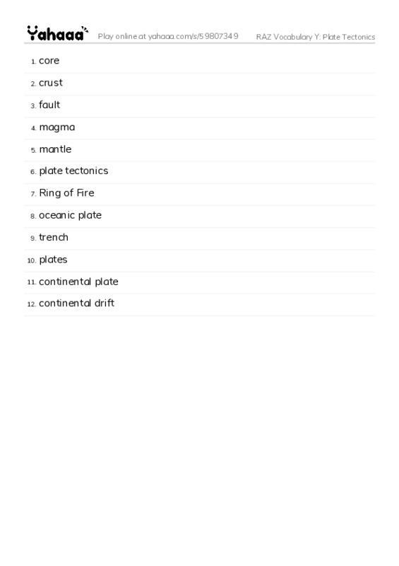 RAZ Vocabulary Y: Plate Tectonics PDF words glossary
