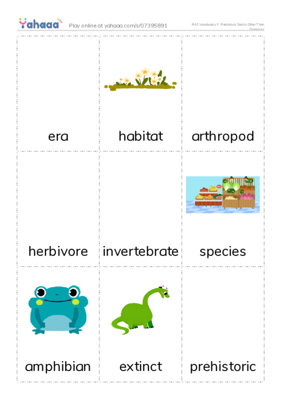 RAZ Vocabulary Y: Prehistoric Giants Other Than Dinosaurs PDF flaschards with images