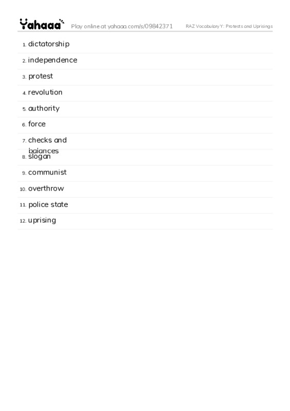 RAZ Vocabulary Y: Protests and Uprisings PDF words glossary