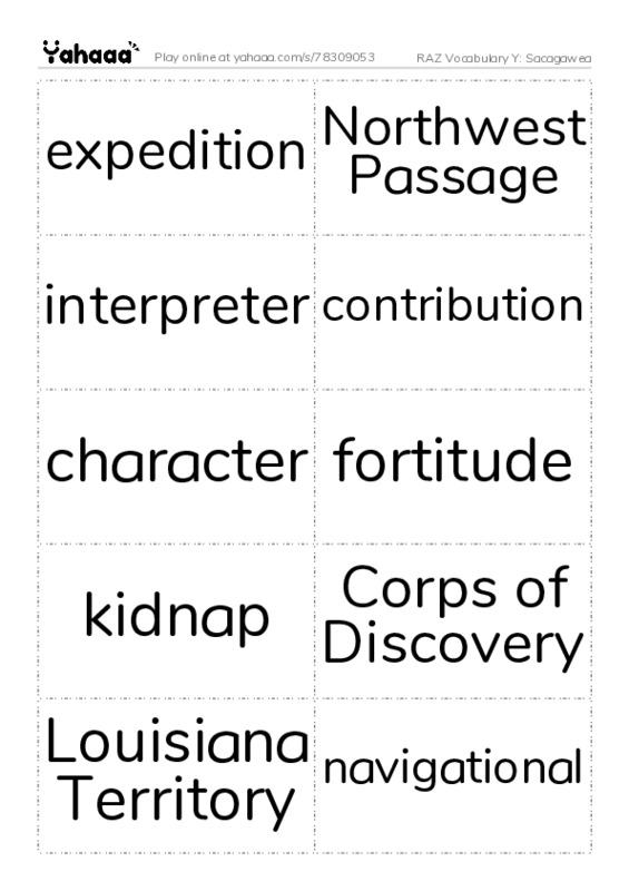 RAZ Vocabulary Y: Sacagawea PDF two columns flashcards