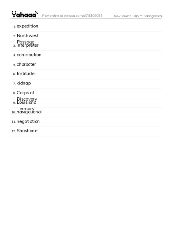 RAZ Vocabulary Y: Sacagawea PDF words glossary