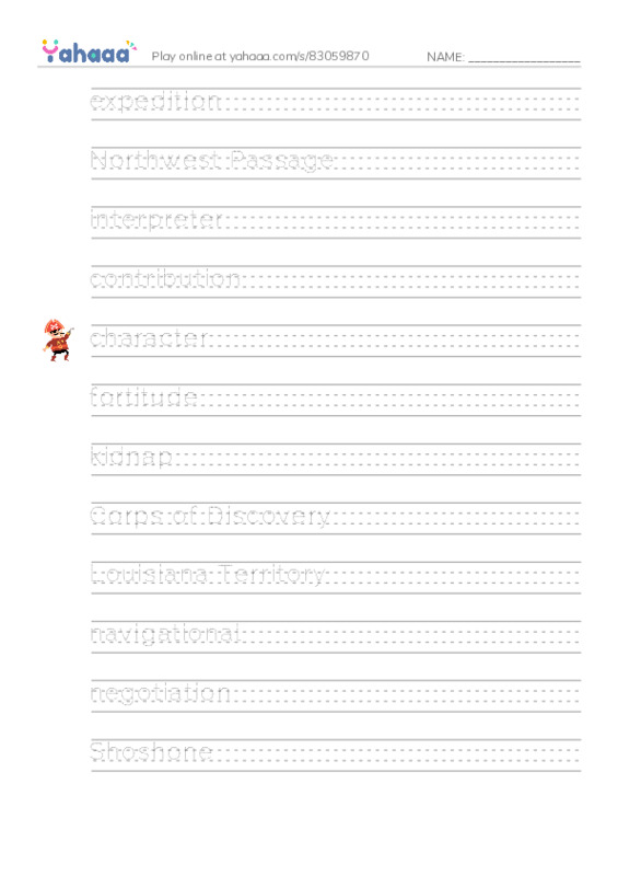 RAZ Vocabulary Y: Sacagawea PDF write between the lines worksheet