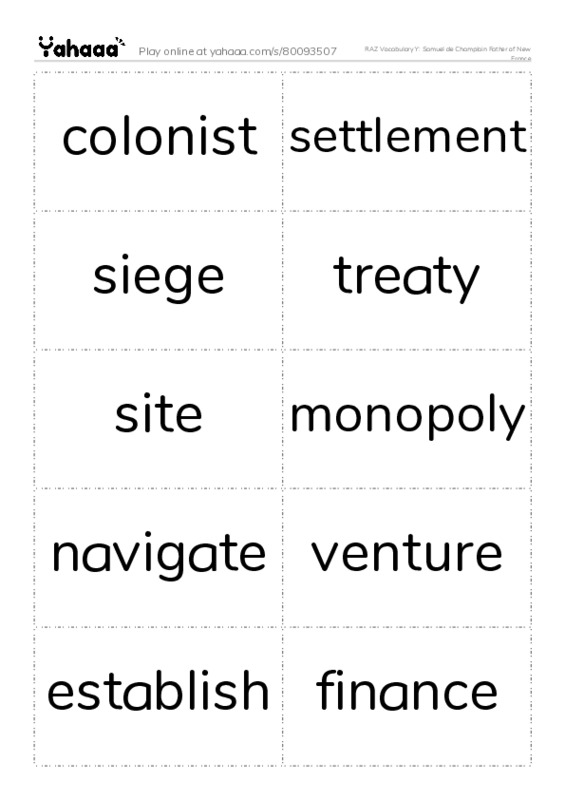 RAZ Vocabulary Y: Samuel de Champlain Father of New France PDF two columns flashcards