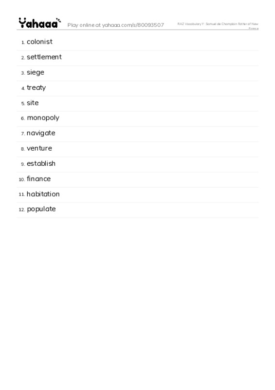 RAZ Vocabulary Y: Samuel de Champlain Father of New France PDF words glossary
