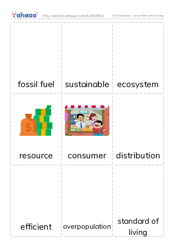 RAZ Vocabulary Y: Seven Billion and Counting PDF flaschards with images