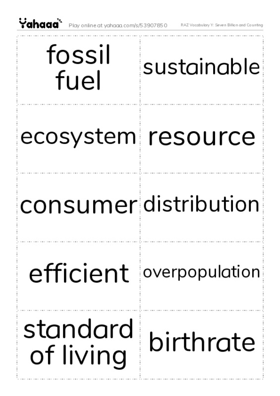 RAZ Vocabulary Y: Seven Billion and Counting PDF two columns flashcards
