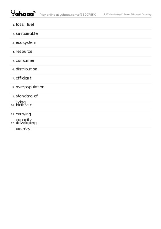 RAZ Vocabulary Y: Seven Billion and Counting PDF words glossary