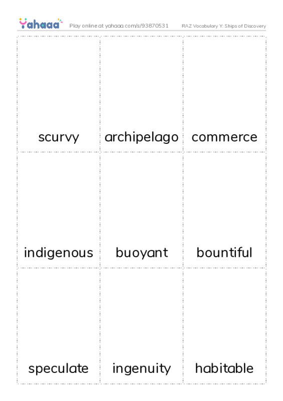 RAZ Vocabulary Y: Ships of Discovery PDF flaschards with images