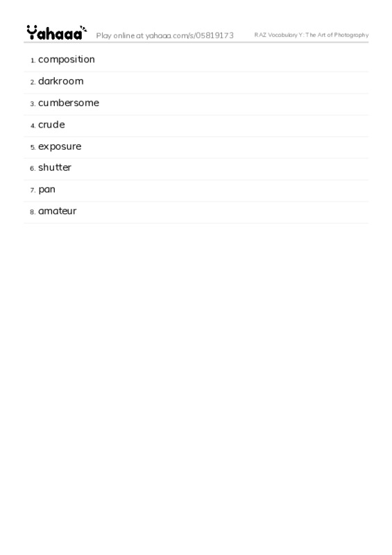 RAZ Vocabulary Y: The Art of Photography PDF words glossary