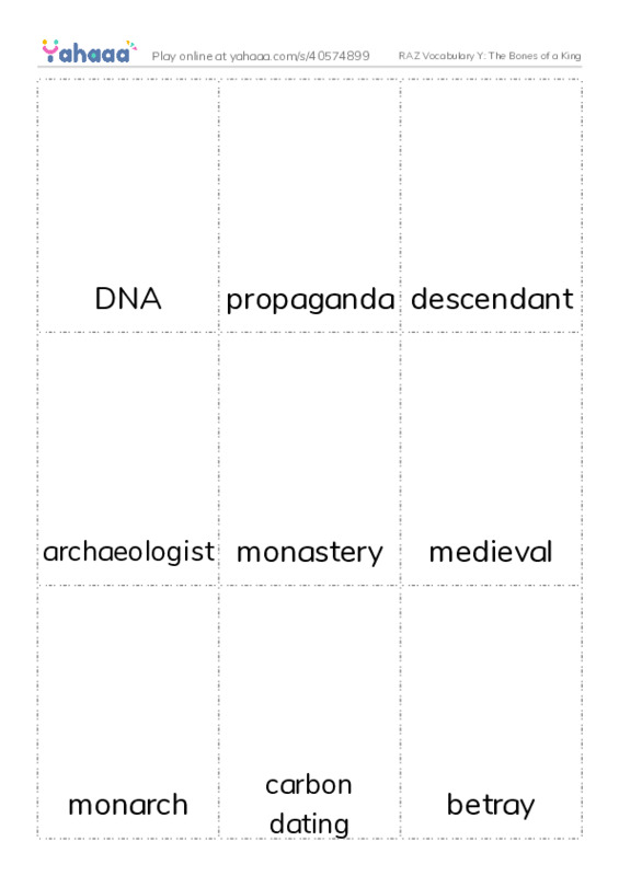 RAZ Vocabulary Y: The Bones of a King PDF flaschards with images