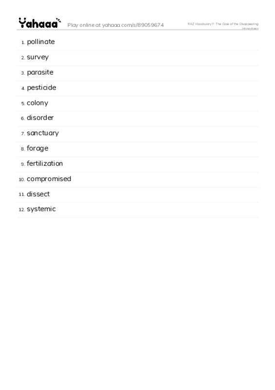 RAZ Vocabulary Y: The Case of the Disappearing Honeybees PDF words glossary