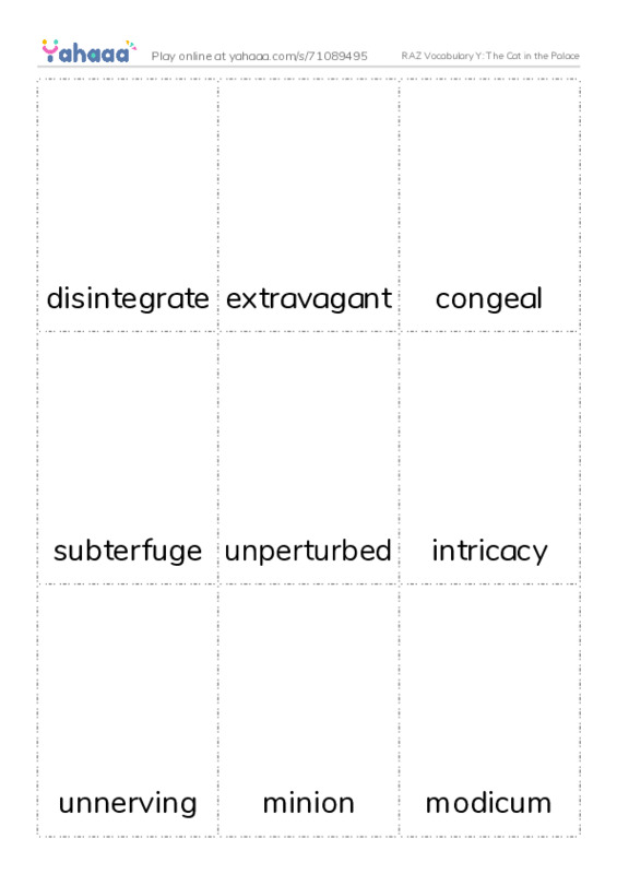 RAZ Vocabulary Y: The Cat in the Palace PDF flaschards with images