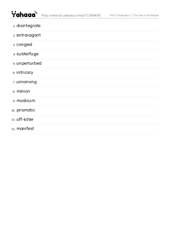 RAZ Vocabulary Y: The Cat in the Palace PDF words glossary