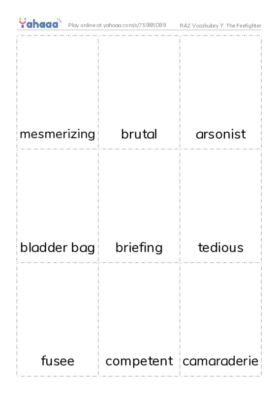 RAZ Vocabulary Y: The Firefighter PDF flaschards with images