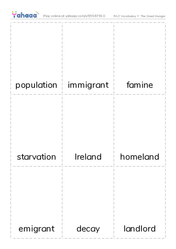 RAZ Vocabulary Y: The Great Hunger PDF flaschards with images