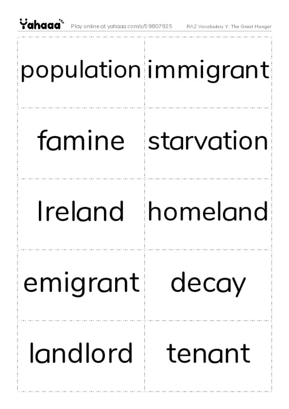 RAZ Vocabulary Y: The Great Hunger PDF two columns flashcards