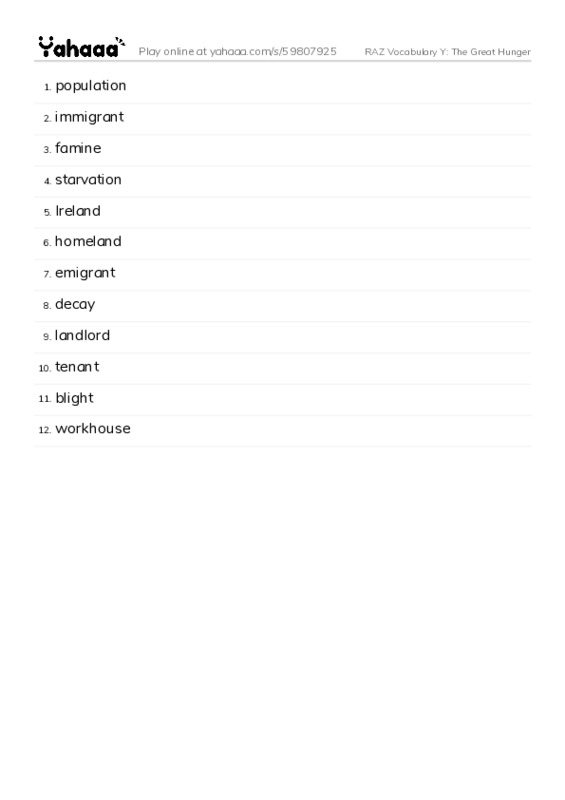 RAZ Vocabulary Y: The Great Hunger PDF words glossary