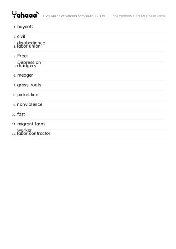 RAZ Vocabulary Y: The Life of Cesar Chavez PDF words glossary