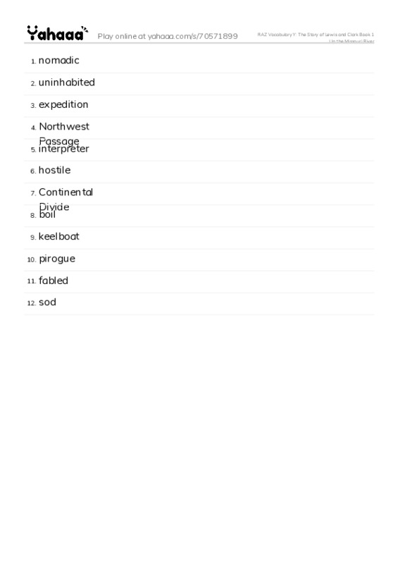 RAZ Vocabulary Y: The Story of Lewis and Clark Book 1 Up the Missouri River PDF words glossary