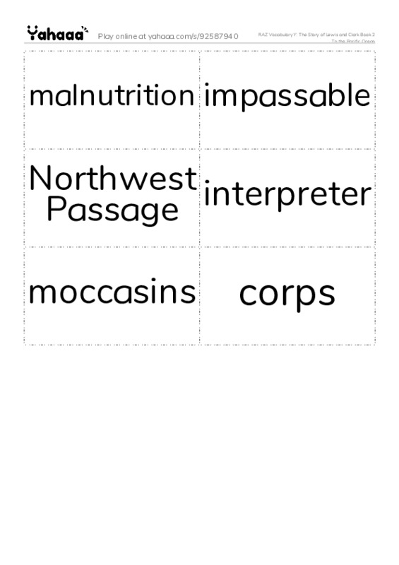 RAZ Vocabulary Y: The Story of Lewis and Clark Book 2 To the Pacific Ocean PDF two columns flashcards