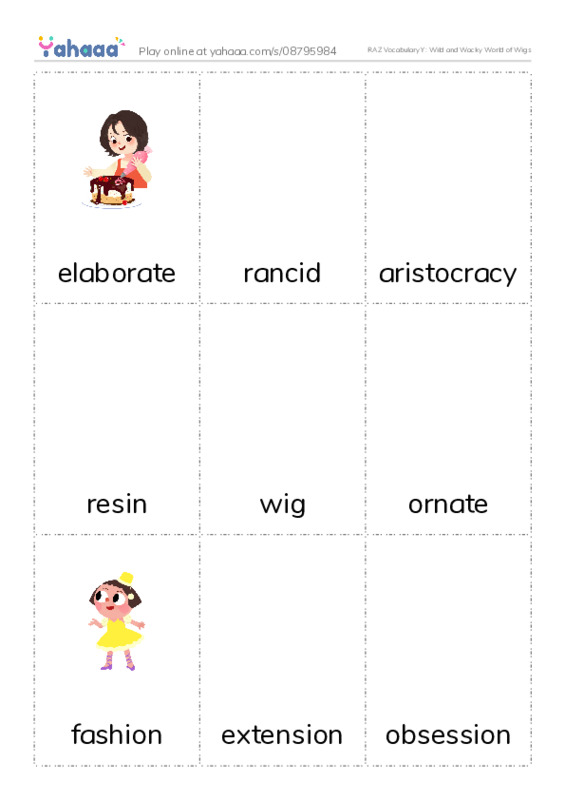 RAZ Vocabulary Y: Wild and Wacky World of Wigs PDF flaschards with images