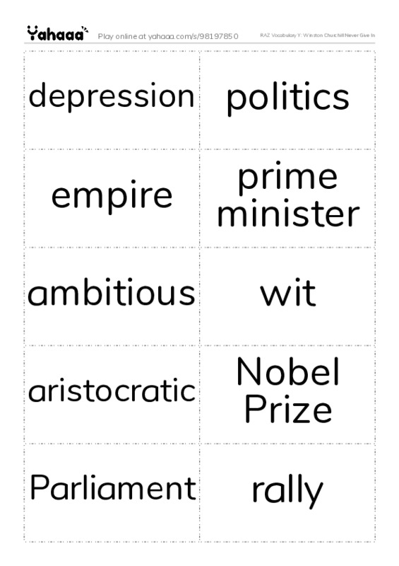RAZ Vocabulary Y: Winston Churchill Never Give In PDF two columns flashcards