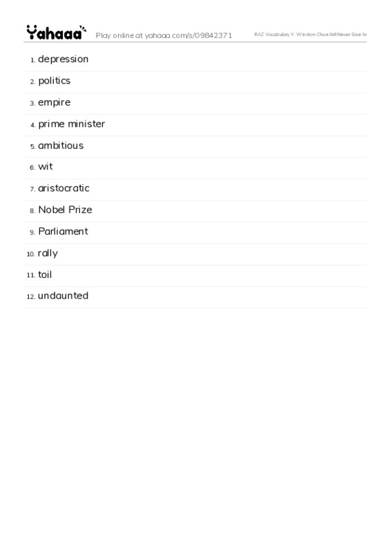 RAZ Vocabulary Y: Winston Churchill Never Give In PDF words glossary