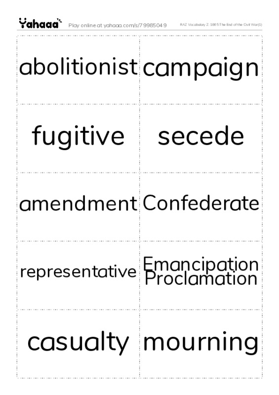 RAZ Vocabulary Z: 1865 The End of the Civil War(1) PDF two columns flashcards