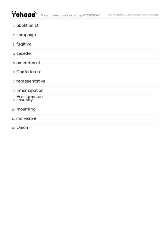 RAZ Vocabulary Z: 1865 The End of the Civil War(1) PDF words glossary