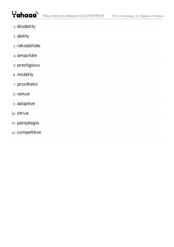 RAZ Vocabulary Z: Adaptive Athletes PDF words glossary