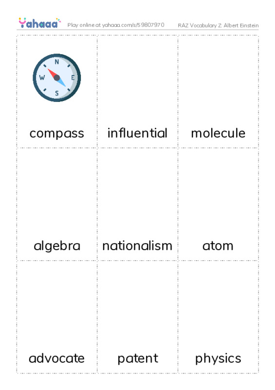 RAZ Vocabulary Z: Albert Einstein PDF flaschards with images