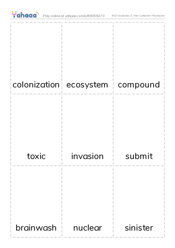RAZ Vocabulary Z: Alien Collective I Resistance PDF flaschards with images